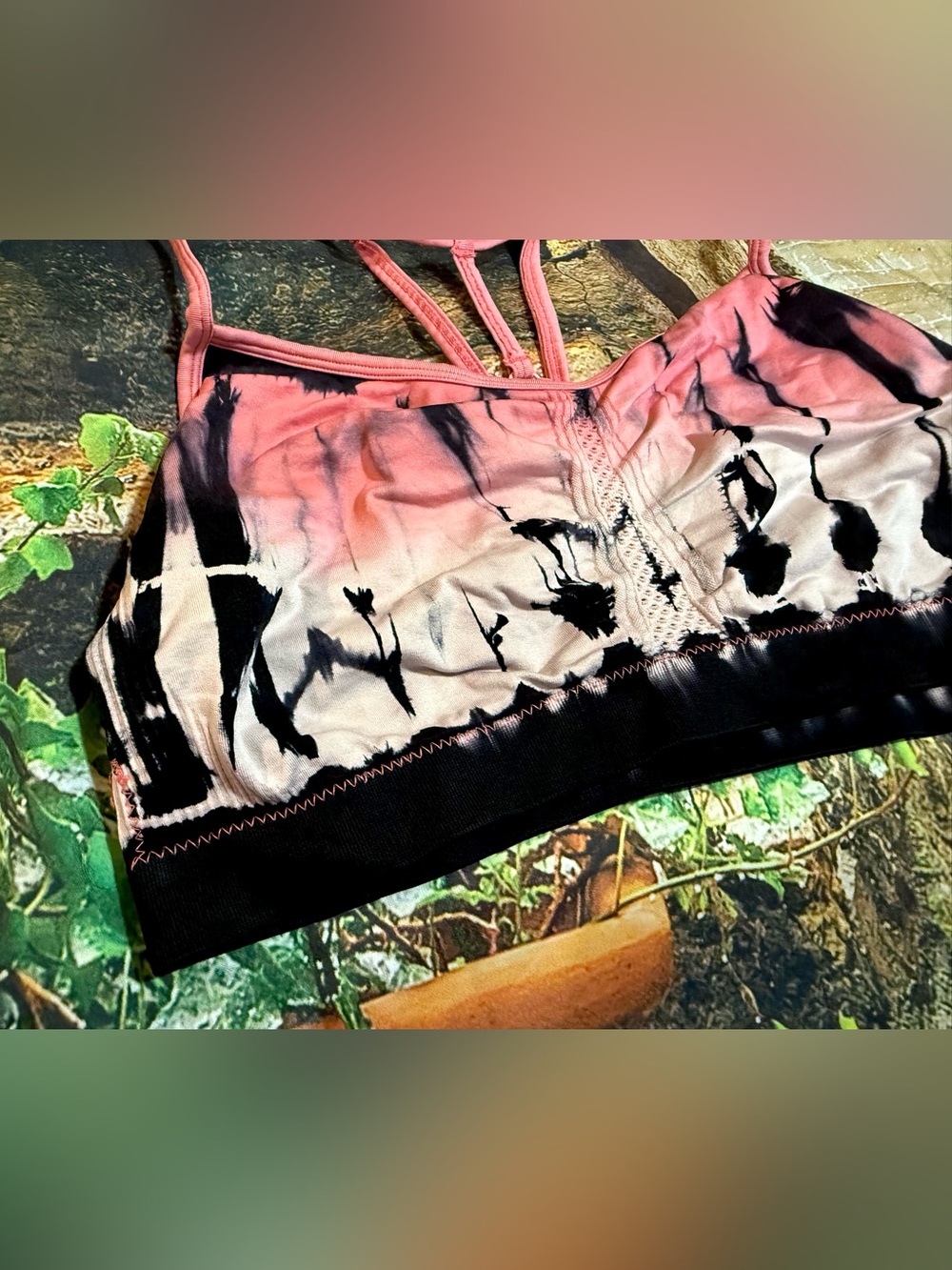 Balance Collection Multi Strap Sports Bra with Ink-bleed Pattern Size L/XL